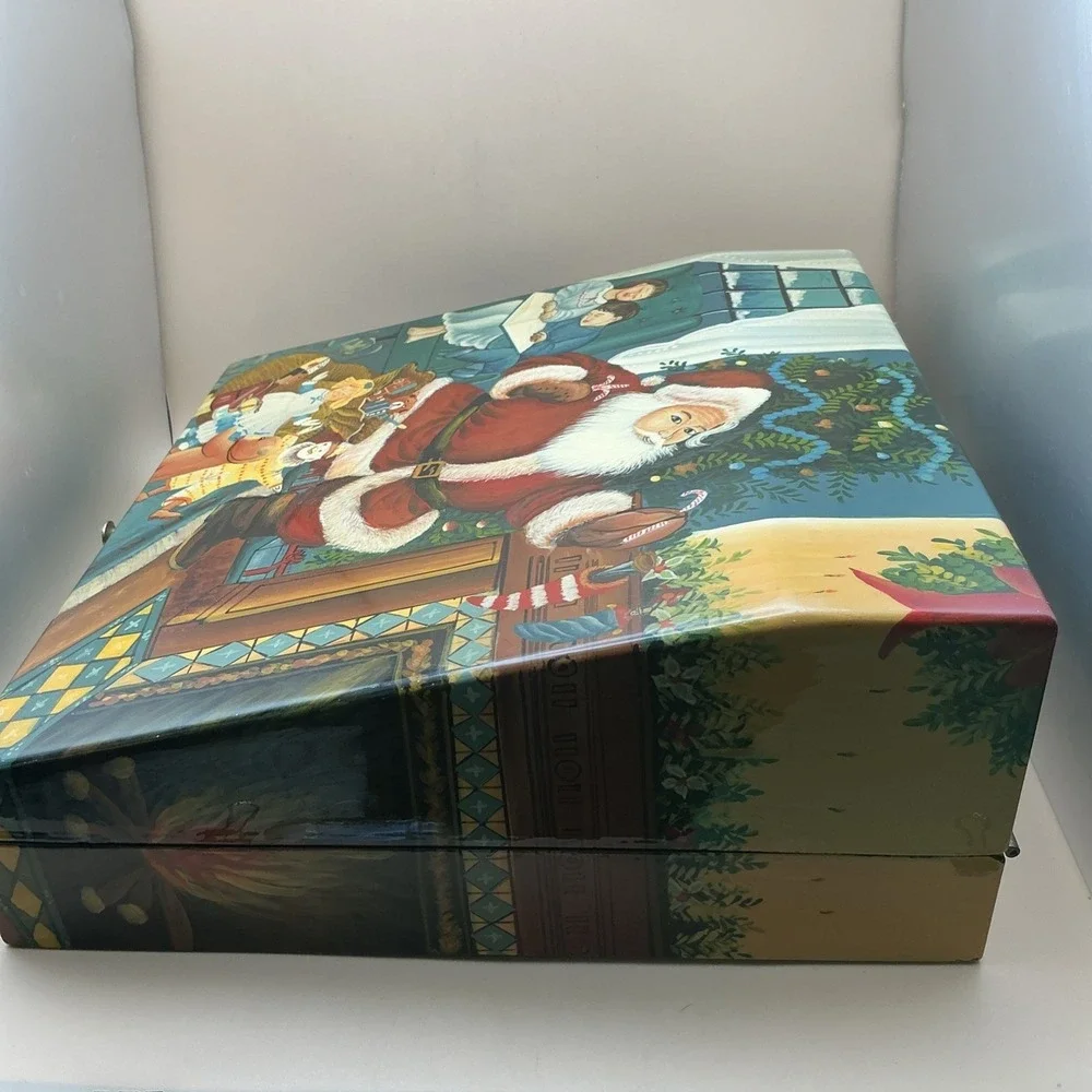 Vintage Style Christmas Santa Claus Wooden Keepsake Box 12x12 Hinged Lid Storage